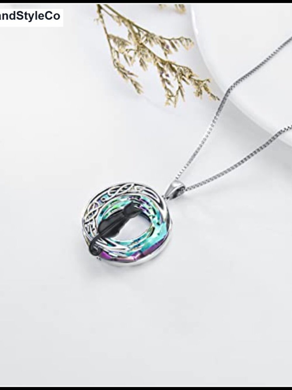 Sterling Silver Cat Moon Pendant Necklace - Picture 2 of 6